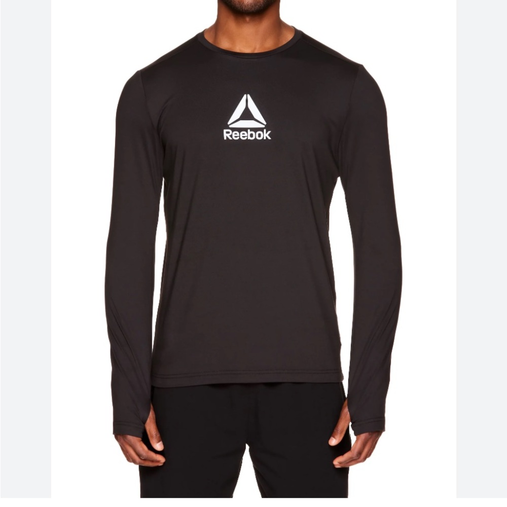 Reebok Men’s Athetic Long Sleeve thumb holes tee- reflective logo on front- 2XL